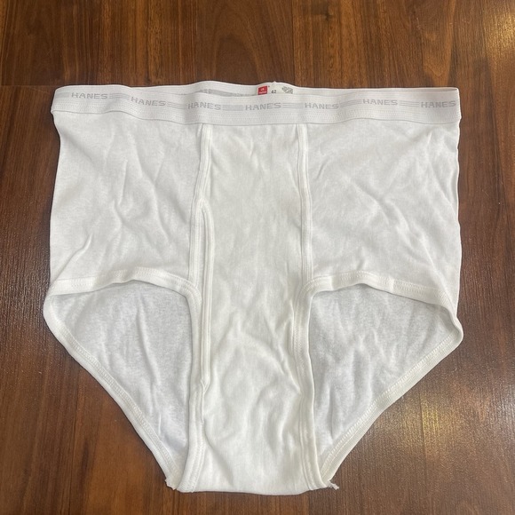 New Vintage Hanes 100% Cotton Briefs White 3 Grey‎ gray stripe Waistband Size 42 - Picture 1 of 4